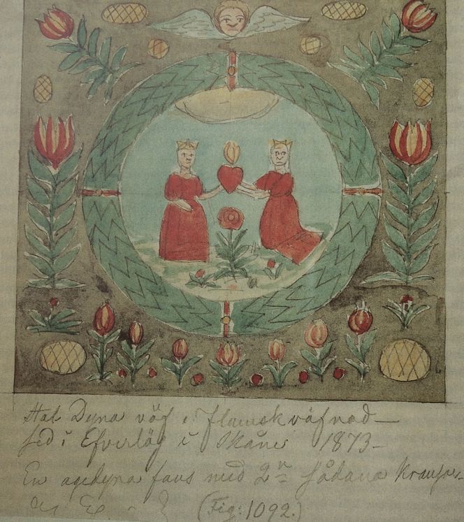 Nils Månsson Mandelgren made documentations of smaller sized dovetail tapestries in Everlöv. Particularly visible via this painting, when he had depicted the locally popular motif ‘The Annunciation’ within a wreath surrounded by various flowers etc. His attached note in translation reads: ‘A dovetail tapestry woven chair cushion, observed in Efverlöf in Skåne 1873. One travel cushion also existed, with two such wreaths’. (Courtesy: Folklivsarkivet… Mandelgren Collection, no. 1092).