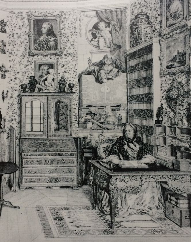 The countess Ulla Tessin writing at her desk in a cabinet at Åkerö manor house, ca 60 kilometres from Stockholm. This watercolour was painted in 1763 by Olof Fridsberg (1728-1795). In the very detailed depiction – here in black and white – we may get an idea of how a writing cabinet at Christinehof was furnished. Though probably somewhat more modest judging by the detailed inventory, compared to this particular noble home, meaning less ornaments and without imported hand-knotted floor carpets. (Courtesy of: National Museum, Stockholm, Sweden. NMH 145/1960).