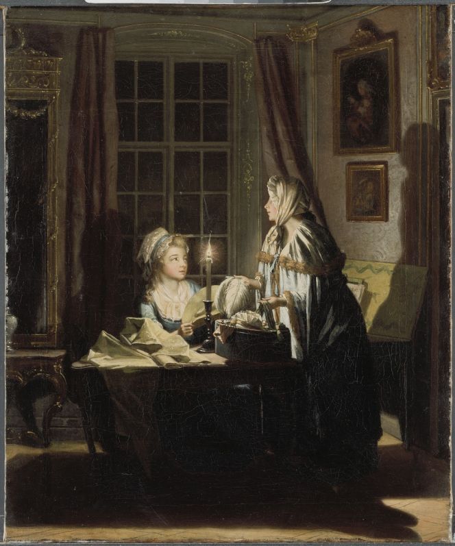 A somewhat later 18th century depiction of an aristocratic home, demonstrates the importance of a single candle light in its holder and the large gilded mirror design, both items included in the Christinehof inventory of 1758. The artist Pehr Hilleström (1732-1816) first and foremost focused on how the lady of the house in convenience may choose from various hat models and fabric, which could be ordered via her milliner without visiting shops for the latest fashion. Judging by the milliner’s fur-edged cloak and the compact darkness – it must have been winter. However, the darkness illustrated in this painting must have been less of an obstacle for the daily activities of the Piper family at Christinehof, as the house primarily was in use as a residence in summer and early autumn months. (Courtesy of: National Museum, Sweden. NM 3382. Wikimedia Commons).