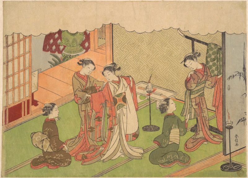 This coloured print, ‘The Marriage Ceremony’, probably dated 1768, displays great similarities with the naturalist and physician Carl Peter Thunberg’s (1743-1828) journal notes of the dress, ceremonies, lanterns etc of the prosperous Japanese women and men. Particularly striking in his information about Japan in 1776: ‘The people of distinction and those that are rich, have a great number of attendants, and every one, in general, has some attendants in his house, to wait upon him, and when he goes abroad, to carry his cloak, shoes, umbrella, lantern, and other things that he may want of a similar nature.’ (Courtesy: The Metropolitan Museum of Art, New York, USA. No. JP875. Polychrome woodblock print; ink and colour on paper, by Suzuki Harunobu. Online collection, Public Domain).  