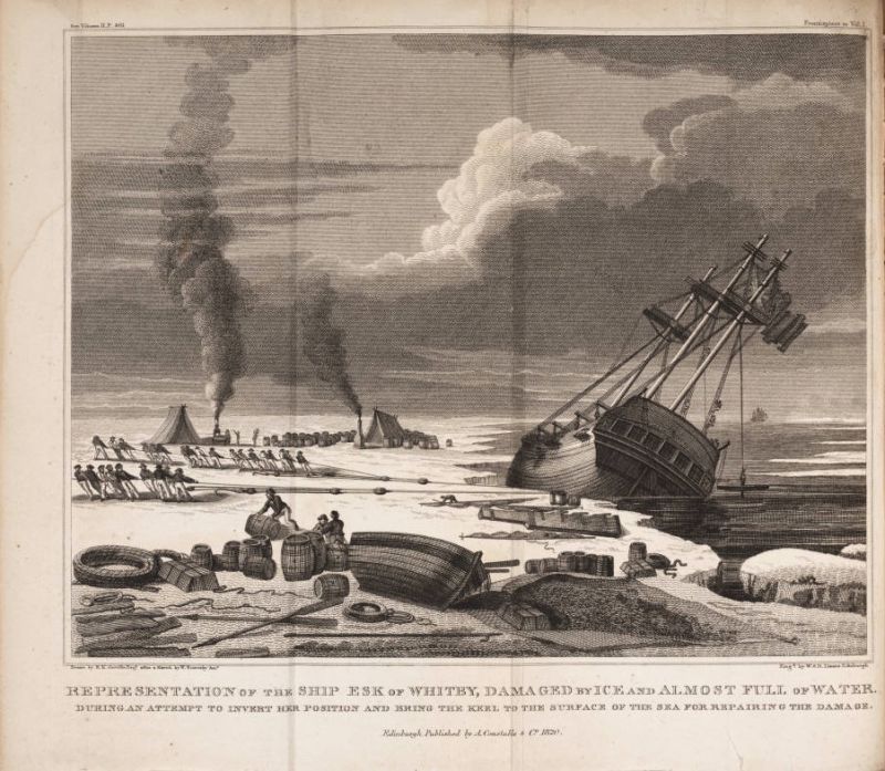 The journals kept by William Scoresby the Younger from 1811 to 1820 together with his notebooks for 1821 and 1822 both listed and gave some further notes of used working dress. In an edition printed 1820 this representation of one of his journeys in the 1810s, gave among many matters some insight into to the almost uniformly chosen canvas trousers, woollen jackets and caps being worn by the seamen who took part on this northerly travels during the spring and summer months. (From: Scoresby, W…1820, frontispiece).