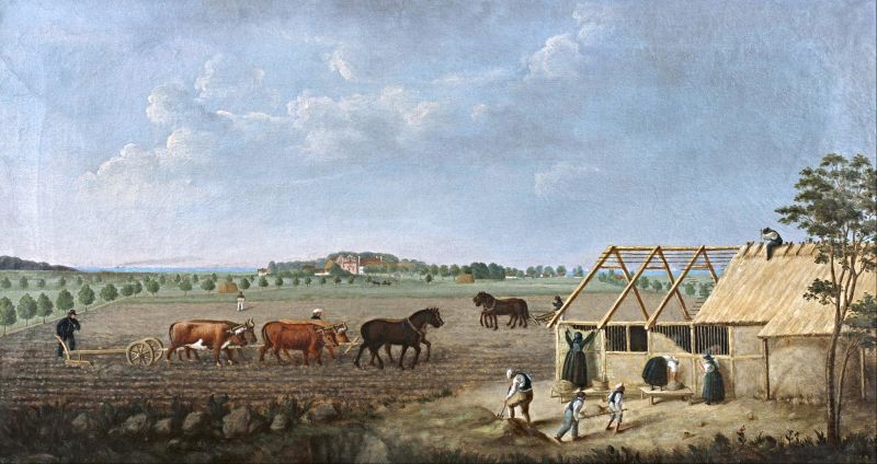 The construction of a farmhouse and ongoing ploughing in the parish of Östra Vemmenhög in Vemmenhög district, Skåne province, in the spring of 1866. Textile art was particularly plentiful in such comfortable living farmers’ households. Interestingly, the Vemmenhög district was also among the areas in Skåne where bedcovers in “munkabälte” were most popular. See two further hand-coloured photographs of these woven bedcovers below. | Oil on canvas by Carl Conrad Dahlberg (1805-1870). (Courtesy: Malmö Museum. Sweden. MMK 002887. Public Domain).