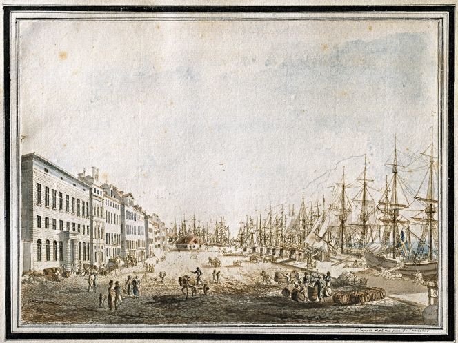 In a historical context, looking back to the previous century, the extensive illicit trade in foreign textiles to Swedish ports and along the coastal areas had multiple causes. A few observations linked to the desire for luxury, import regulations, domestic manufacturing goals, and sumptuary laws illustrate such matters. Overall, Stockholm held a significant position in international textile trade and in the city's manufacturing development. Here visualised with ‘Skeppsbron’ [The Ships’ Bridge], Old Stockholm harbour in the early 19th century. The wealthy merchants and ship-owners had their living quarters and offices in these large houses in the harbour. (Courtesy: National Museum, Stockholm, Sweden. Watercolour by Johan Peter Cummelin).