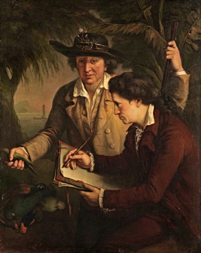 An illustration from James Cook’s second voyage depicts Johann Reinhold Forster (1729-1798) and his son, Georg Forster (1754-1794), conducting botanical observations in Tahiti in fieldwork attire, commissioned around 1780. However, one must note that the artist did not participate in the voyage, and the artwork is dated approximately six to seven years after the visit to Tahiti. Father and son Forster also persuaded the Linnaeus apostle Anders Sparrman (1748-1820), whom they met during a stopover at the Cape, to accompany them as a paid assistant botanist. The ship set sail on 22 November 1772 and did not return to the Cape until 22 March 1775. |By John Francis Rigaud (1742-1810). (Courtesy: National Portrait Gallery, Australia).