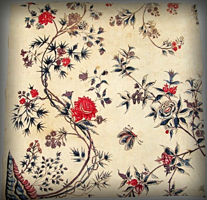 Whilst, this is one of three preserved pieces of the visibly same 18th century Indian chintz. The fine cotton fabric was painted by hand assisted by wax and mordants to protect the delicate colours. According to the museum’s records at the time of donation in 1944; the fabric had been brought back to Sweden by the East India Company captain Mathias Holmers during the 1760s. A quality which is comparable to the chintzes listed above from the cargo on ‘Götha Leijon’ a decade earlier. (Courtesy: The Nordic Museum.… NM.0230821A. DigitaltMuseum).