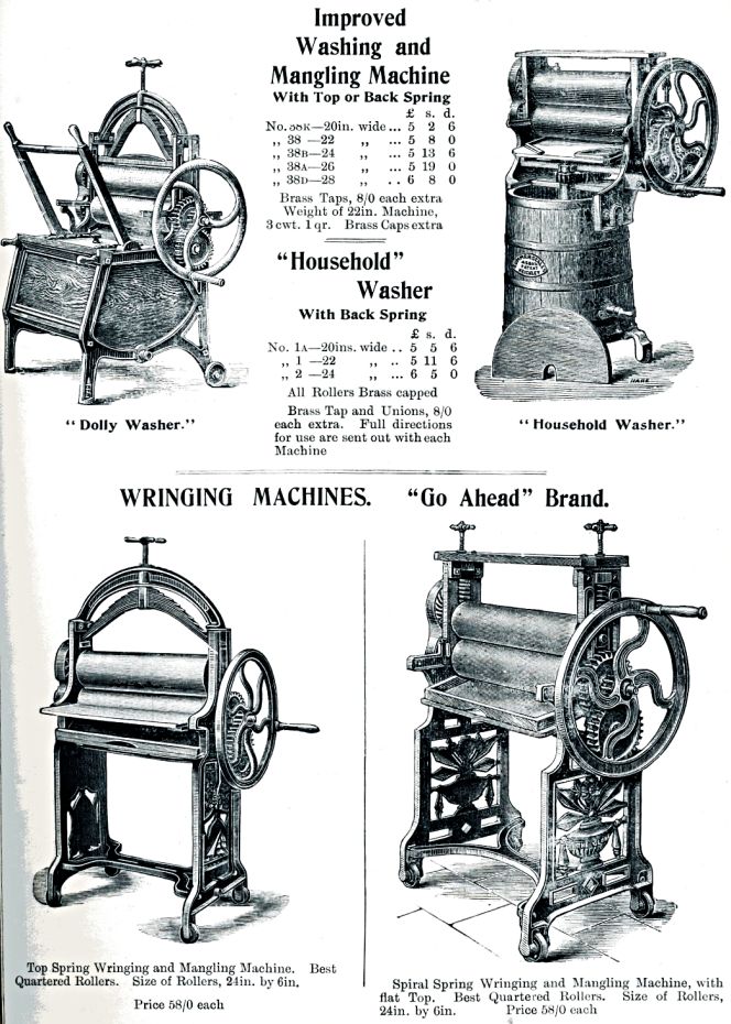 Mangles of this type can be found in the 1902 Richd. Johnson, Clapham & Morris catalogue, by which time most models combined more than one function, either as a ‘washing and mangling machine’ or a ‘wringing and mangling machine’, showing the most effective and essential aids of the day to laundry. (From: J C M Catalogue 1902 p. 395). 