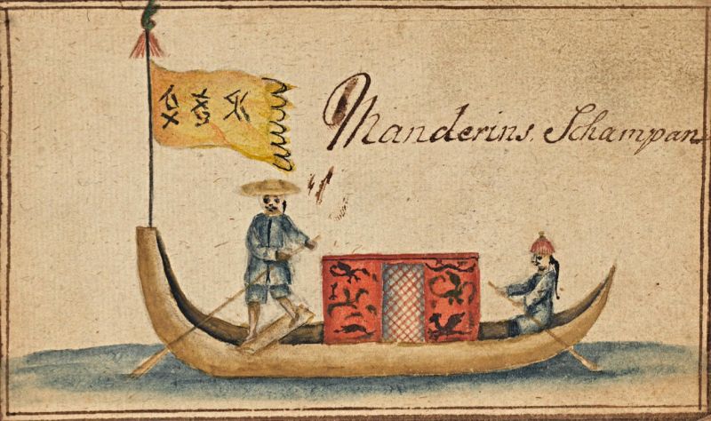Two men wearing short coats and trousers of indigo blue fabric in a ‘Mandarin Sampan’. Watercolour by Carl Fredrich von Schantz, November 1747. (Courtesy: Kungliga Biblioteket… M 292, p. 118).