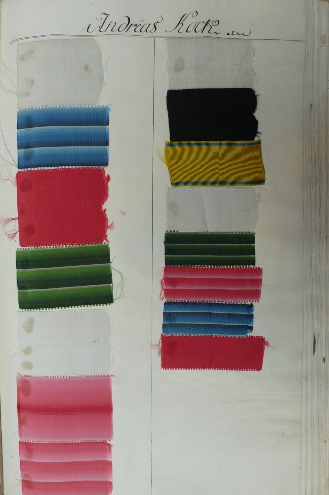 Samples of silk ribbons from the manufacturer Andreas Kock in 1751, probably active in Stockholm. Such ribbon qualities were frequently listed in connection to beds in the 1758 Inventory – useful for edgings of bedcovers or for tying up various hanging bed-curtains or as a pure decorative addition. (Collection: The National Archive (Riksarkivet) in Stockholm, Sweden.‘Kommerskollegium årsberättelser 1751’). Photo: The IK Foundation, London.