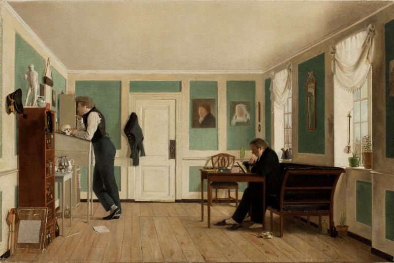Men were often depicted as studious and well suited for scientific knowledge however, which in this painstakingly detailed painting from circa 1829 is emphasised with; a statue, artistic sketchbooks, bookshelves, writing desks, a human skull, a botanical tin for collecting outdoors, pieces of notes scattered on the floor etc. At the same time as the sparsely furnished room itself reveals a calm atmosphere, suitable for thinking and working. The knowledge of time and place – an interior from Amaliegade in København (Copenhagen) in the artist’s and his brother’s apartment – gives further insight into this oil on canvas by the young Danish artist Wilhelm Bendz (1804-1832). The at home feeling was further drawn attention to via the two men’s everyday plain dark coloured garments, indoor shoes and white tall-collared shirts of the time. (Collection: Den Hirschsprungske Samling, København, Denmark. No. 31. On display in 2019). Photo: Viveka Hansen, The IK Foundation.