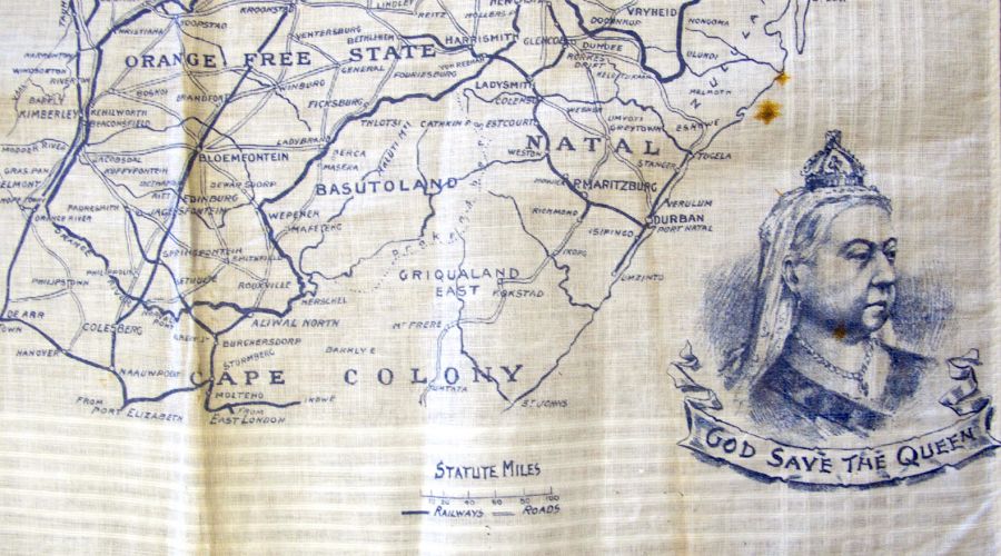 Handkerchief to remember the Jubilee of Queen Victoria (not dated, but probably 1887) with “Cape Colony” map. To emphasise the wide-stretching British Empire which gave increased power and possibilities for trade etc – from a British perspective – was a reoccurring theme for such prints. The collection includes two identical examples with this particular print in blue on unbleached cotton, 43×46 cm in size. (Owner: Whitby Museum, SOH1781). Photo: The IK Foundation, London.