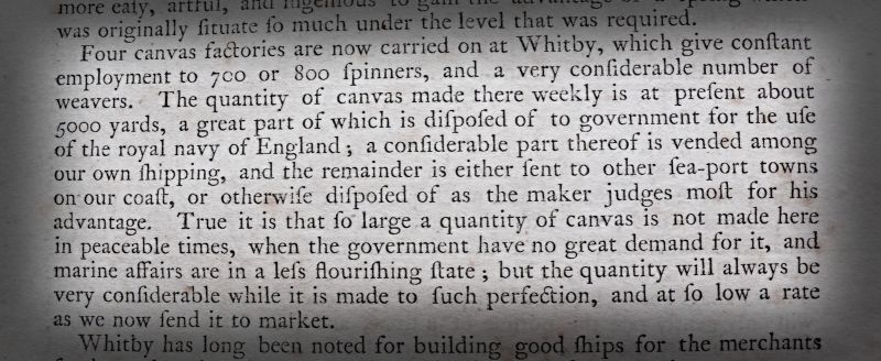 In the earlier notes written by Lionel Charlton, he set down some interesting observations on the considerable quantity of cloth produced by the four canvas factories of the time and how it was used. (From the book: Charlton…1779 p. 358).