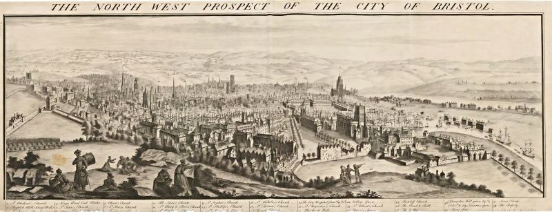 ‘The South East Prospect of the City of Bristol’, published in 1734. This depiction is particularly enlightening from the perspective of the increasing industrialisation, contrasted with the need to dry and bleach the laundered linen outdoors. The women had chosen green fields and hedges as far away from the coal chimney smoke as possible – in the high-level countryside on the opposite side of the city. In contrast, the intense coal burning in densely populated areas quickly made the laundry black-dotted. | Etching by Samuel and Nathaniel Buck.  (Collection: The British Library, London, UK. Maps K.Top. 37.37b Public Domain).