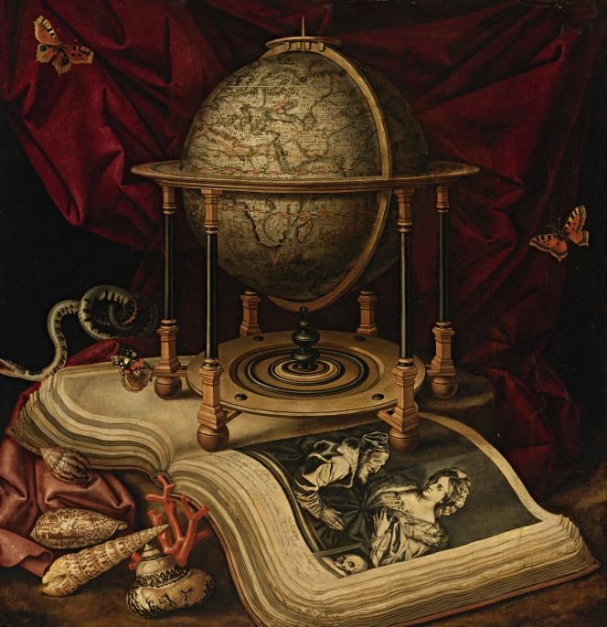 ‘Whilst an interesting example of learned natural knowledge, including exotic shells in the front left corner, is clearly visualised on this oil on canvas, dating to circa 1640-1658. That is to say, about a hundred years prior to the peak of the 18th century, Linnaean network’s interest in shell collections and shells in general from all sorts of interdisciplinary perspectives.| The painting is named: ‘Vanitas Still Life with Celestial Globe, a Book, Shells, a Snake and Butterﬂies’ by Frans Luycx (1604-1668). (Sold at Sotheby’s in New York in 2012. Unknown present ownership. Public Domain).