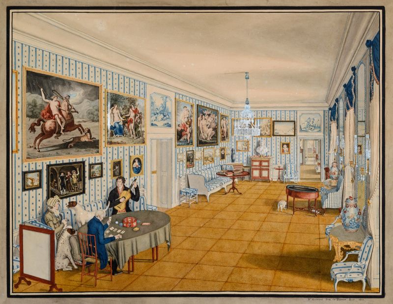 In conclusion, this illustrative watercolour of musical entertainment, handicrafts and everyday life in a drawing room at Löfstad manor house in 1812 is packed with informative details of a wealthy Swedish home at the time. Fashionable matching white and blue linen wall covering and upholstering set the scene, together with porcelain of East Indian origin, candelabras, a cut-glass chandelier, artworks, and leather-bound volumes placed on a table, and a style of curtain arrangements in vogue, three family dogs and much more. At the same time, the depicted individuals were part of or linked to the Piper family. The lady, Sophie Piper (1857-1816), was visibly active with her ongoing knitting dressed in a high-waistline dress or the so-called empire silhouette. Her son Carl Fredrik Piper (1785-1859), playing his guitar, was probably wearing the up-to-date fashion of a double-breasted frock coat in black over a red-coloured waistcoat and grey trousers (not in the picture). Whilst his 25-year-old senior card-playing French visitor, Duke of Piennes, seems to be dressed in a coat in the shape of a cutaway in front with long tails behind and a standing collar, breeches and black leather boots – a style often seen already in the late 18th century. He was also the painter of this watercolour interior – and his actual name was Louis Marie Celeste d’Aumont (1762-1831). (Courtesy: Östergötland Museum, Sweden. OM.OML.001720. Public Domain. DigitaltMuseum).