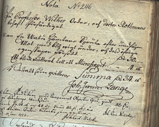 Followed by the second receipt for instruments used by Göran Rothman on his Tripolitanian journey  in the 1770s. Just as the assistance of ambassadors and consuls, the opportunity to borrow vital equipment, like instruments, the personnel at the Swedish Royal Academy of Sciences was essential for the naturalists’ observations.(Collection: Centrum för Vetenskapshistoria /Centre for History of Science, Stockholm, Sweden. Verification Book from the years 1772 and 1773, #246). Photo: The IK Foundation, London.