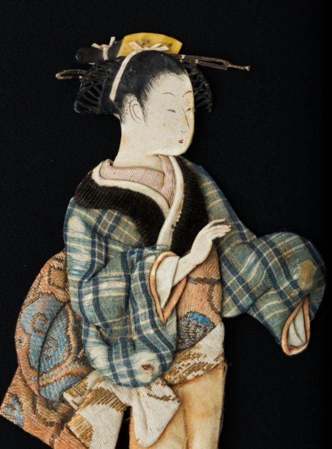 One further object from Thunberg’s Japanese Ethnographic Collection is this well-preserved toothpick cover in the shape of a Geisha. This close-up detail demonstrates the style of her clothing and reveals a wide selection of Japanese textile materials used for this exquisite object. A quote in translation from the museum catalogue card gives this information: “… several different silks: woven designs with gilded paper strips, velvet, checked plain weave. Face of painted and waxed paper and hair decoration of cut, painted paper…”. This is one of three similarly worked toothpick covers in the collection. (Courtesy: Etnografiska museet, Stockholm… no. 1874.01.0069).