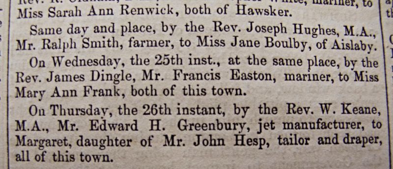 From its first years of publication, the Whitby Gazette frequently published brief marriage notices and continued to do so during the whole period up to 1914, but never with photographs. For instance, on 6 October 1860, one can read, ‘On Wednesday, the 3rd inst., at the Parish Church, by the Rev. R. Oldham, B.A. Mr. Robert Robinson, tailor, Cliff Street, to Miss Ann Chapman, both of this place.’ This tailor continued advertising his business from the same address in Whitby during the same year. This illustrated advertisement from 28 January 1860 recorded the names of recent ‘Marriages’. (Collection: Whitby Museum… Library & Archive). Photo: Viveka Hansen, The IK Foundation.