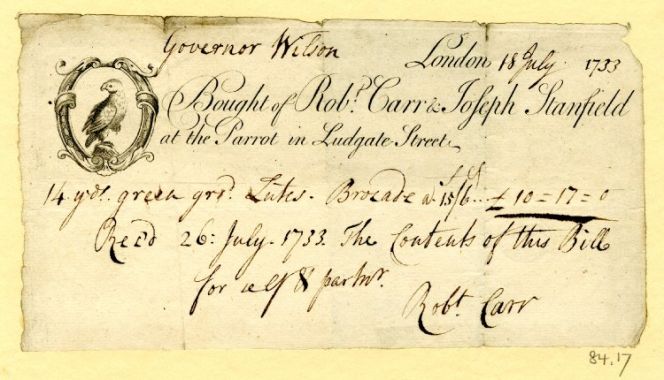 One of the oldest trade-cards [bill-head] in the collection. The trader at Ludgate Street in London clearly  sold a very expensive green brocade in the summer of 1733! Courtesy of: © Trustees of the  British Museum, Banks Collection, no. 84.17 (Collection online).