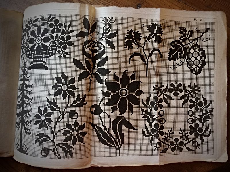 Printed books including inspiration for embroidery, weaving and other handicraft were mainly published in Italy, France and Germany during the 16th century. Such publications often illustrated stars, rosettes, runners, flowers, palmettes, opposite standing birds and other ornamental figures. The tradition continued through the centuries and spread to other countries, here illustrated with a Swedish weaving book printed in 1828. Even if this particular book primarily was intended for complex diaper and damask weaving, single motifs as well as various designs could equally be adapted for embroidering of samplers in cross stitch. Here exemplified with one of ten beautiful foldouts. (From: Ekenmark J.E…1828 Pl. 6. Private ownership). Photo Viveka Hansen, The IK Foundation.