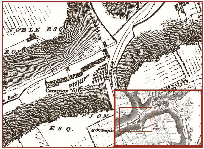 To look back in time once more, via this detailed collage of ‘John Wood’s plan of Whitby and Environs, 1828’. This very detailed plan of the town was the first large-scale professionally surveyed map. Particularly informative is ‘Campion Ville’, where Robert & John Campion were active as Linen and Sail-cloth Manufacturers, as mentioned in Pigot’s 1834 Directory. The 1841 census is also evidence that a significant number of linen weavers, apprentices and their families lived in ‘Campion Ville’. (Courtesy: Whitby Museum, Map Collection).