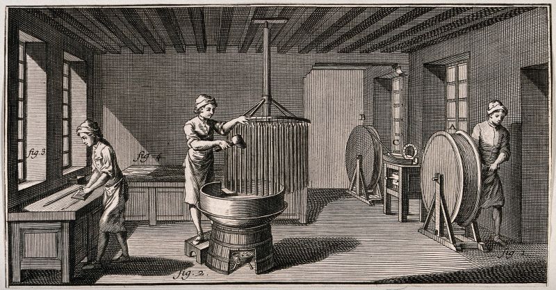 This almost contemporary French etching of candle making, may also be compared to Thunberg’s observations in Paris – especially with the workman in the middle making ‘long candles’ just as described in his journal. The etching was originally published as a plate in ‘Encyclopédie ... recueil de planches, sur les sciences …’, vol. 25 in Paris 1768, by D. Diderot and J. le R. d’Alembert. (Courtesy: Wellcome Library no. 37464i. Public Domain).