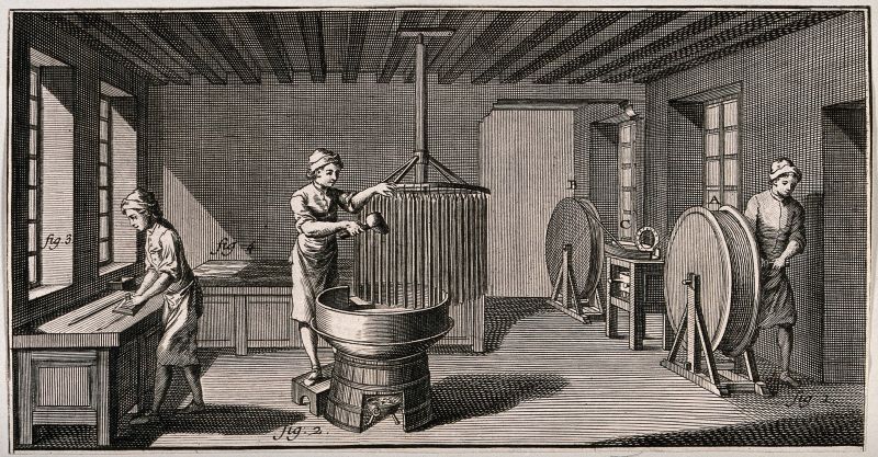This almost contemporary French etching of candle making, may also be compared to Thunberg’s observations in Paris – especially with the workman in the middle making ‘long candles’ just as described in his journal. The etching was originally published as a plate in ‘Encyclopédie ... recueil de planches, sur les sciences …’, vol. 25 in Paris 1768, by D. Diderot and J. le R. d’Alembert. (Courtesy: Wellcome Library no. 37464i. Public Domain).