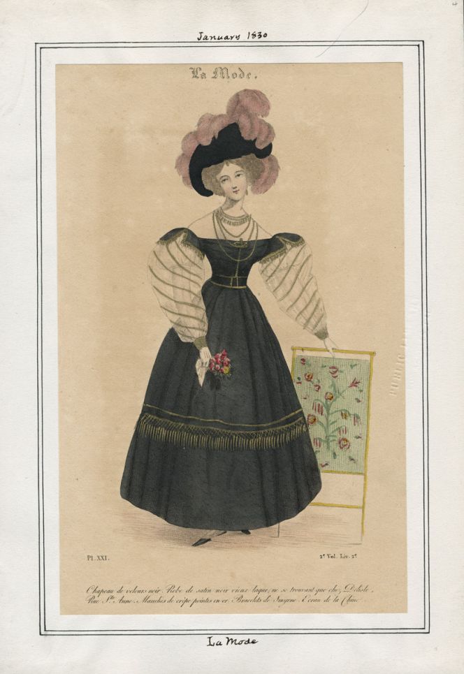 In the period from 1830 to 1833. Muslin day dress, often in printed cloth with stylised  motifs of flowers, leaves or other vegetation, very wide sleeves and increased width in the skirt,  drawn together in a tight gathering at the waist. Only the lower part of the sleeve at the wrist  is narrow and close-fitting. Great width in the dress, though this is usually made of light, thin  material. The waist of the dress has moved down a little further still, so that it is now at the level  of the natural waist. (Courtesy of: “La Mode” 1830, Casey Fashion Plates, Los Angeles  Public Library, online collection).