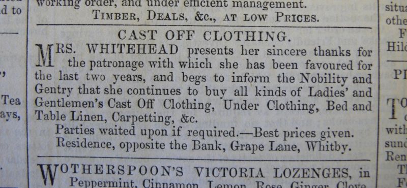 Whitby Gazette 1860, Mrs Whitehead, Cast off clothing. (Collection: Whitby Museum, The Library & Archive). Photo: Viveka Hansen, The IK Foundation, London.