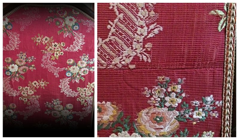 Two further close-up detail of the silk brocade, reveal more details of the weaving of such fine qualities. Firstly, the narrow loom width of the time is clearly visible, with a fabric width of circa 50 cm, evident via that pieces of fabric were finely stitched together, noticeable on several surfaces on this upholstery. It may be observed, that some fifty years later, with the introduction of the Jacquard machine in 1804 and the development of larger looms, there were no longer any need to seam together two or more fabric pieces, like on this 1760s armchair. The matching ribbon was woven in linen with two thin silk cords and red threads as decorative features (additional warp threads) in the otherwise plain woven ribbon. Overall, ribbons formed a noteworthy component for upholstering, not only used as decoration but also to hide or reinforce seams like for this piece of furniture. (Collection: David Collection in København, Denmark. No: 26/1975). Photo: Viveka Hansen, The IK Foundation.