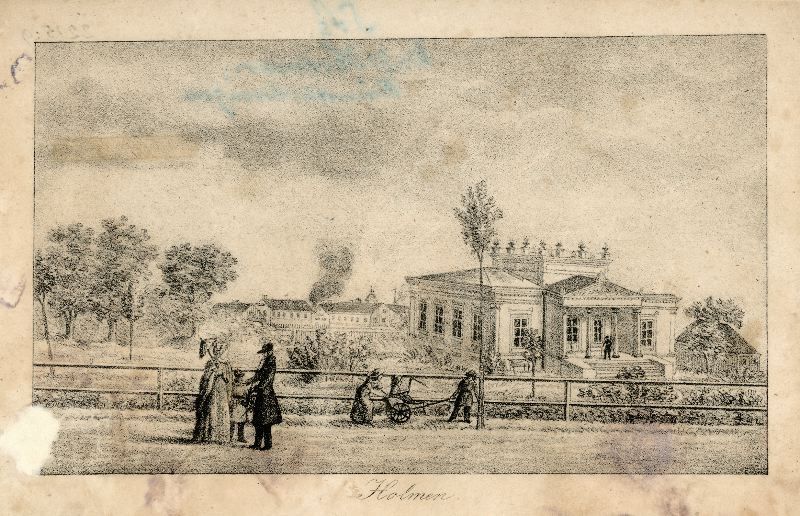 Lithograph by Carl Conrad Dahlberg in 1843 depicted villa “Holmen” with its surrounding park in the outskirts of the growing Malmö – which by then had just over 10 000 inhabitants. A few citizens give example of family life, everyday clothing and fashions from the time. (Courtesy of: Malmö Museum, No: MM 02215:009).