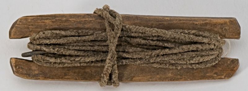 A rare example of a preserved plaited fishing line of hemp, with a hook of iron wire and lead weight. The tool was sold to the museum collection in 1891, an object which originally had been used in Jokkmokk, Lapland in northernmost Sweden. (Courtesy: The Nordic Museum, Stockholm. NM.0070578. Digitalt Museum). 