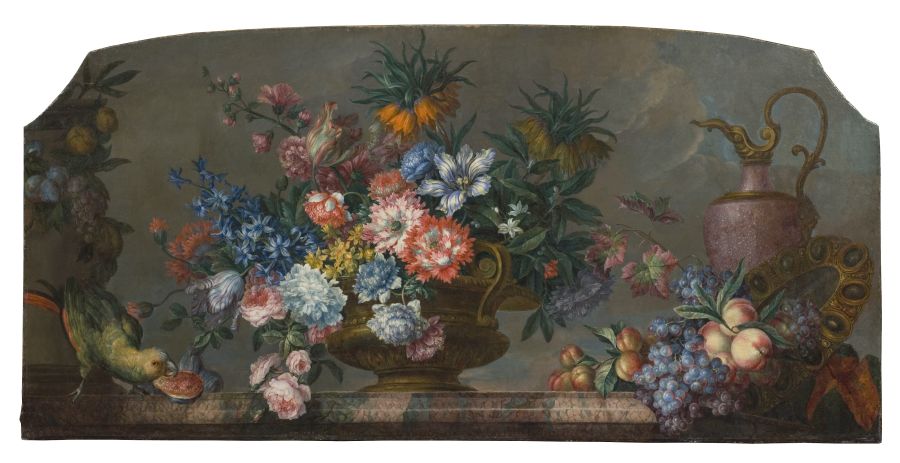 Whilst this oil on canvas is an interesting French comparison, named ’Flower piece with Vases and a Parrot’, where the artist had chosen to depict the popular flower – anemones, carnations, tulips, magnolias, peonies. The similarities in design as well as the admiration of large flowering plants in European wealthy circles are strikingly obvious – in such a painting like this and contemporary embroideries alike. Exotic features and naturalism being two of the most favoured aspects. Painting by by Antoine Monnoyer (1671-1747). (Courtesy: Nationalmuseum, Stockholm, Sweden. No. NM796, Wikimedia Commons).