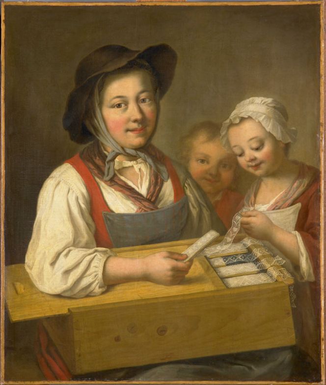 This oil on canvas by the French painter Gabriel Gresley (1710-1756) dating circa 1751, gives a unique glimpse into how a lace-seller kept the delicate handmade laces, finely folded and placed in a protective as well as displayable wooden box. This method of avoiding dust, dirt and moments of unnecessary handling of the delicate bobbin- and needle laces alike, must also have been an important aim for 18th century pedlars in other countries. (Courtesy of: Musée des Beaux-Arts de Dijon, France. No. CA 309).