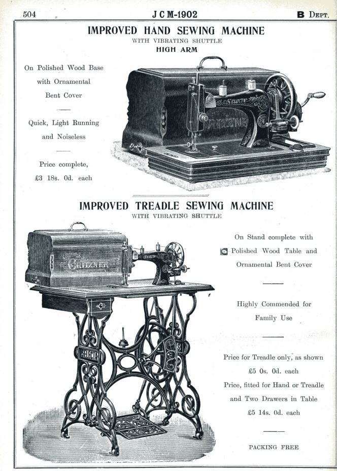 General Catalogue in 1902 by ‘Richd Johnson, Clapham & Morris... Manchester and Liverpool’ demonstrating yet another way of dealing in sewing machines. Either a sales agent in a small town like Whitby could help by providing a catalogue like this one and taking orders, or possibly the customer could order a sewing machine from the firm directly via post, telegram or telephone. (From: J C M Catalogue 1902, Sewing machines p. 504.)