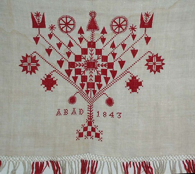 Linen wall-hanging embroidered with linen thread, dated 1843; Förlanda parish, Fjäre district,  Halland, Sweden. (Courtesy of: Nordic Museum, Stockholm, NM.0076448, & historical facts from  catalogue card).