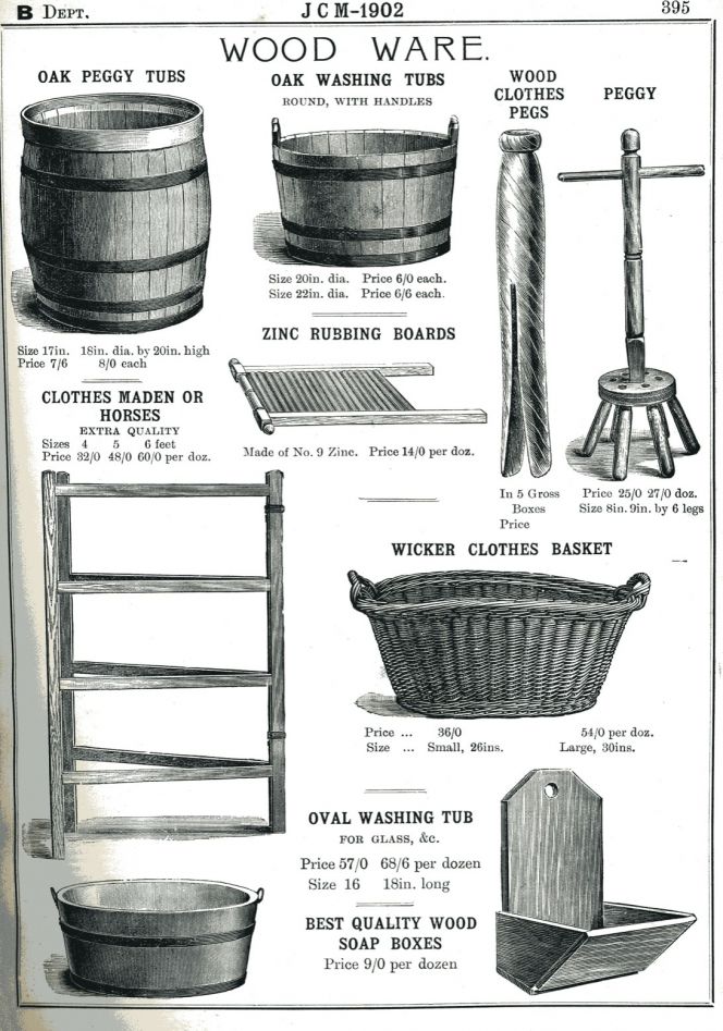 … The drying of washing occurred indoors but for the most part only during winters and periods of bad weather. Which presumably worked using either small drying racks placed on the floor or drying rods which were hung from the ceiling or through a winched up drying rack if you had the space. (General Catalogue…1902. Private owner).