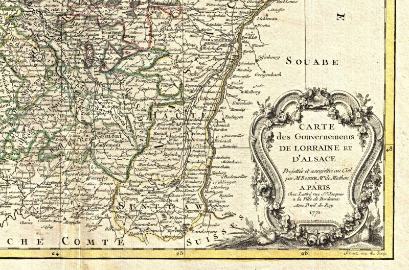 Part of a map dated 1771, including Colmar in France, situated west of the River Rhine and close to the German speaking area of Baden. | ‘Rigobert Bonne’s decorative map of the French winemaking regions of Alsace and Lorraine’. (Wikimedia Commons. Public Domain).