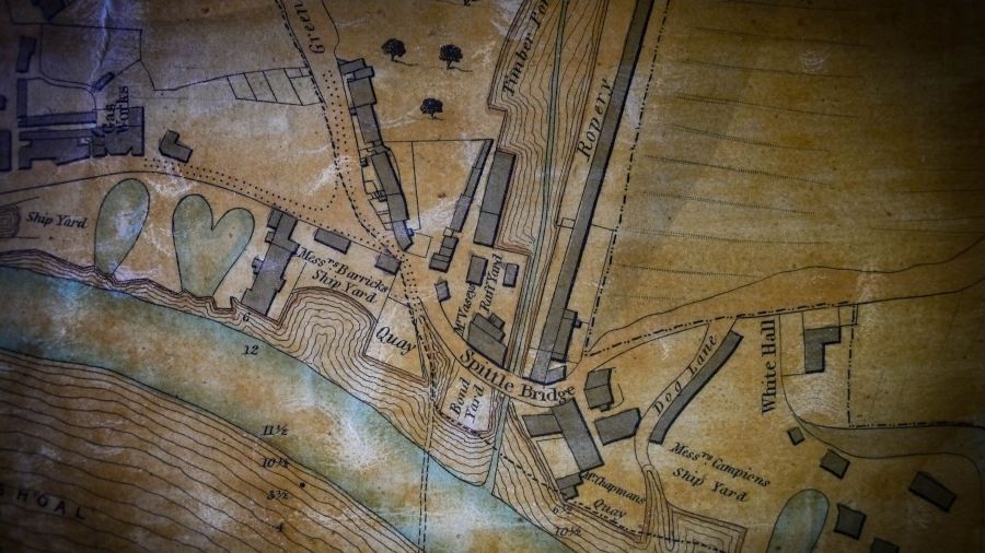 The last detail of the 1841 plan shows River Esk, the Ship Yards, Ropery etc. Rope-making which needs textile raw materials – hemp or flax – is a specialised subject beyond the boundaries of the publication about the textile history of Whitby. But studies of hemp and flax, the ships yards and the importance of River Esk were studied for Chapter IV: ‘Sailcloth Manufacturing and Sailmaking’. This is a comprehensive study stretching over 40 pages, which was assisted by information found on various local maps and plans among numerous other primary sources. (Whitby Museum, Map Collection). Photo: Viveka Hansen.