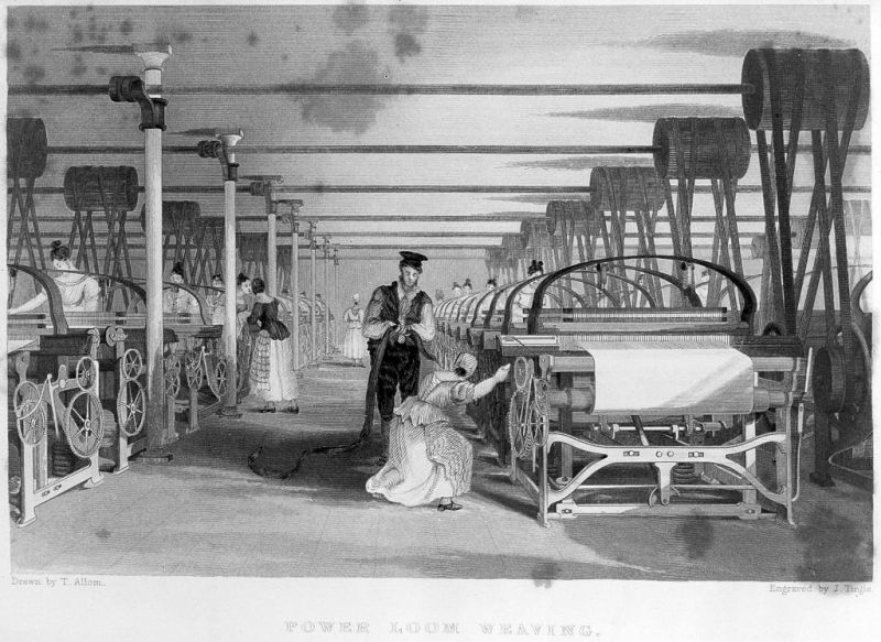 Power Loom Weaving – From: ‘History of the cotton manufacture in Great Britain’ in 1835 by Edward Baines. (Courtesy of: Wellcome Library, London no. L0011293).