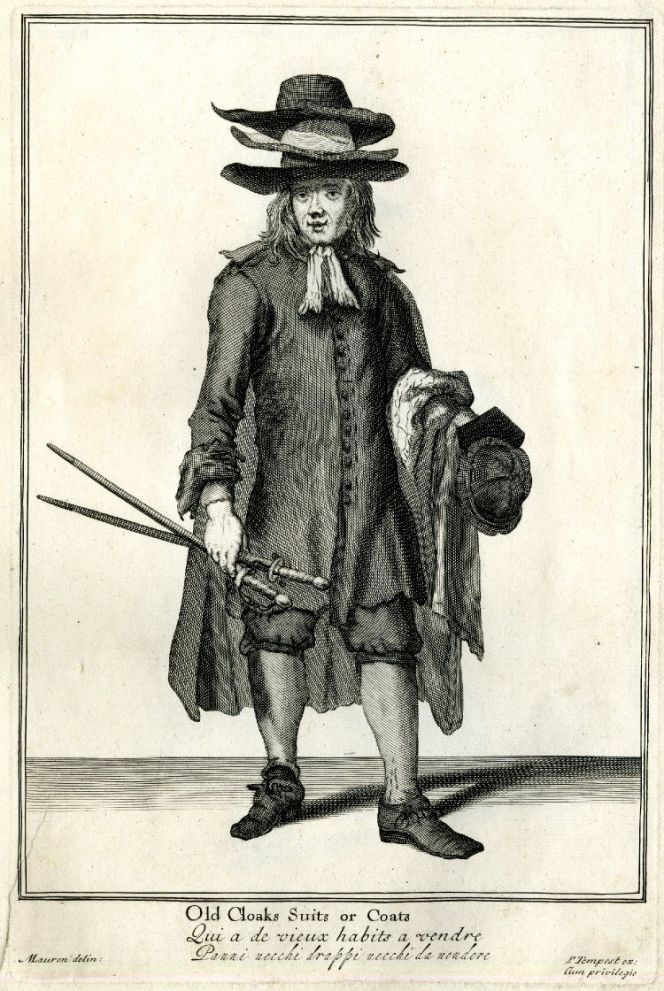 Whilst this man – from the same series of prints in 1688 – clearly demonstrates the importance of the second-hand clothing market in London. (Courtesy of British Museum, No: 1972,U.370.21, ‘The Cryes of the City of London Drawne after the Life’).