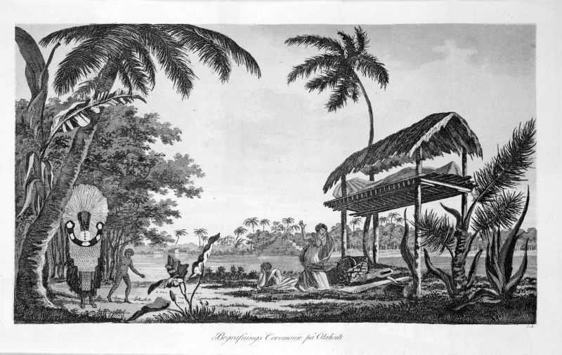 During a visit on the close-by island of Tahiti in August 1773, during James Cook’s second voyage, the bark cloth was noticed to be of ceremonial significance as well by the botanist Anders Sparrman in his journal. The travellers became spectators at a dance, regarded as honouring dead relatives, where the dancers wore bark cloths dyed red in the shape of girdles around the waist. Heaps of bark cloth were also on display, later to be distributed to the musicians and dancers. (Sparrman, A., Resa omkring Jordklotet…1802, Pl. XIII).
