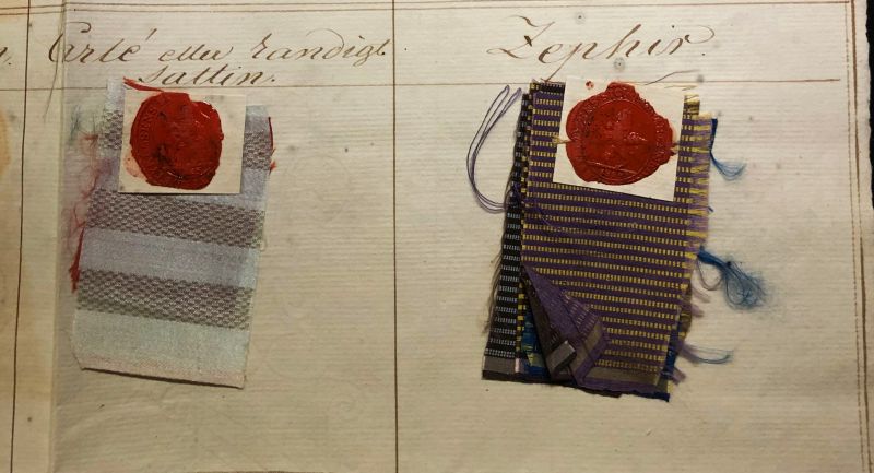Two of the twenty groups of silk samples, showing ‘Carlé or striped satin’ and ‘Zephir’, with two respective five pieces of silk, the seals reveal the year ‘1825’. The satin quality had been woven on a single-coloured white warp, whilst the striped effect was created by the visible weft and the weave structure. The ‘Zephir’, on the other hand, clearly had a striped warp, with equal numbers of yellow and purple warp threads and the weft in purple only (on the top sample). The weave design is unequal-sided. On these two sample groups, just as in the rest, the existing selvedge makes it possible to establish the warp and weft direction on the silks. (Collection: The National Archive… See sources). Photo: Viveka Hansen, The IK Foundation.