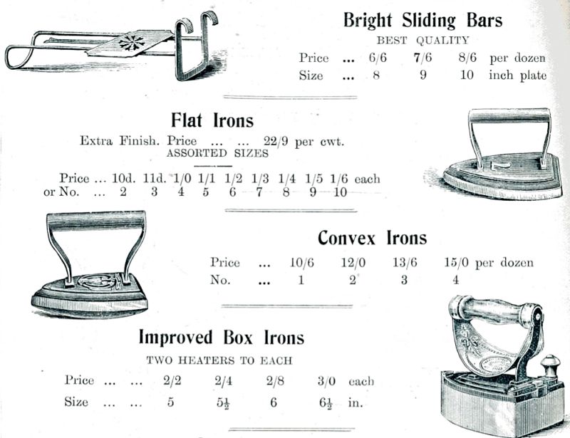 A second example from the same catalogue visualised and informed about three different types of irons. The models of flat, convex and an improved box iron with a protective handle for the heat, which the earlier Victorian model illustrated in this essay lacked. (From: J C M Catalogue 1902 p. 384).