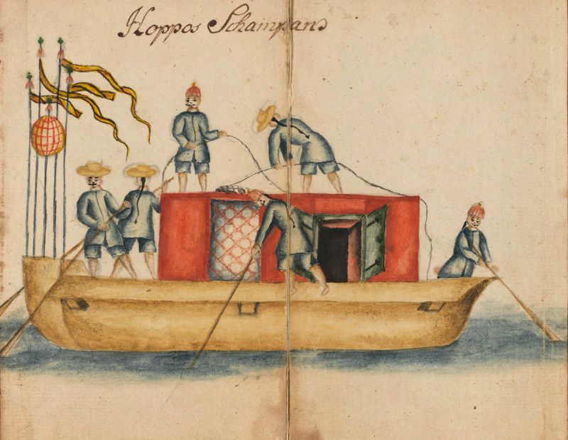 The men wore the same style of indigo blue clothing in this ‘Hoppos Sampan’. The ‘Hoppos’ were inspectors of maritime merchandise between Whampoa – where foreign ships unloaded their goods – and Canton, so this category of local workers had frequent direct contact with the European East India Companies. Judging by the watercolour (November 1747), the ‘Hoppos’ must have been visible at a close distance as Carl Fredrich von Schantz made such a detailed illustration of their boat, clothing, etc. (Courtesy: Kungliga Biblioteket… M 292, p. 123).