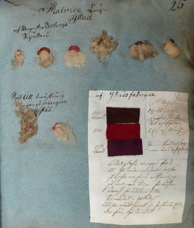 Whilst this single page of award-winning samples in the Board of Commerce document originated from Ystad, a town on the south coast of Skåne (also visited by Carl Linnaeus in 1749 and marked on his map above). The fine wool fibre samples were noted to be from ‘Mayor Boberg’s sheep-breeding farm’. The local' Ystad Manufacture' had also used these particular wool consignments to weave broadcloth – dyed in the three reddish colours attached here. (Collection: The National Archive…1751, p. 25). Photo: Viveka Hansen, The IK Foundation.