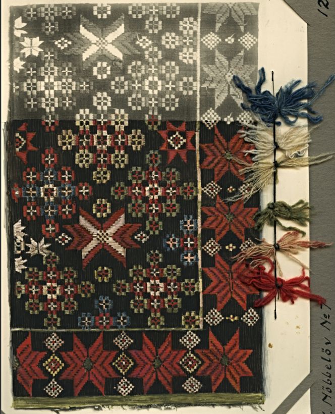 Several bedcovers of a similar elaborate design in “munkabälte”, framed with star motifs in “opphämta”, with Vemmenhög district provenance (or close to this area) in Skåne. Among other sources, as evidenced by an inventory compiled during the 1910s by the local Malmö Handicraft Organisation. These particular textiles were not marked with years or signatures. Still, according to some owners at the time who had knowledge of the weaver one or two generations earlier in their family, this design appears to have flourished in a small geographic area around the 1840s to 1860s. This partly hand-coloured photograph shows a bedcover with intricate star motifs, originating from the village of Västra Nöbbelöv, approximately 15 kilometres from the place of origin of the bedcover illustrated below, and, notably, in a nearby parish to the house-building painting depicted above. The handicraft organisation had additionally attached the equivalence of the initially used natural dyed colours in red, yellow, green, blue and undyed wool to the photograph. (Courtesy: Stiftelsen Skånsk Hemslöjd, MLH.1245. DigitaltMuseum). 