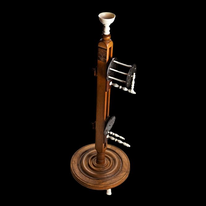 Preserved tools like winders were not only made of local woods by local carpenters in Swedish homes, as this well-preserved, elegant winder or reel (height 84 cm) – used to wind skeins of silk, cotton or wool into balls – demonstrates. It can be traced to the noble family of Nils Adam Bielke (1724-1792) and to Sturefors manor house via 18th-century inventory lists. The winder was made of walnut wood with details of ivory and tortoiseshell, and it was given as a gift to Countess Bielke in 1760 by Queen Lovisa Ulrica (1720-1782). (Courtesy: Linköping City Library, Curious Cabinet, Linköping, Lin1, 181. alvin-record. 262946. Unidentified maker of this tool).  