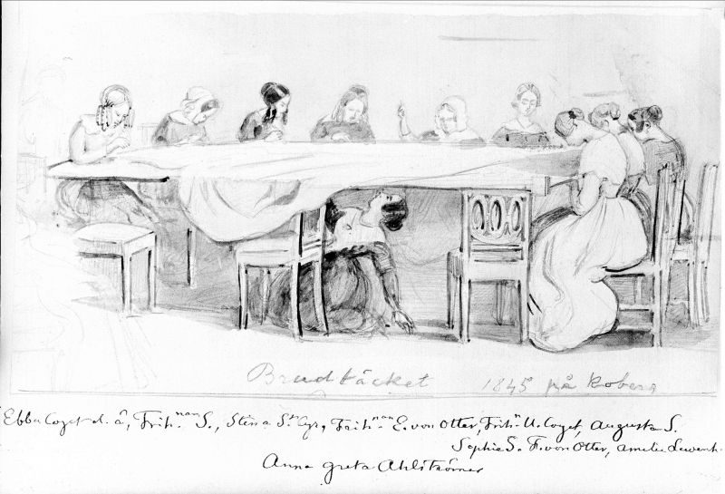 A concluding picture, illustrates ’The Wedding bedcover in 1845” at the Koberg manor house in Västergötland province, Sweden. This is a fascinating documentation of women’s textile collective work in an elite environment, a theme which seems to have engaged the artist Fritz von Dardel (1817-1901) over and over again, evident via several extant drawings of women attentively bent over their stitching and knitting in well-to-do Swedish homes. To stitch wadded layered bedcovers of silk and cotton prior to a young girl’s wedding in affluent families – to be used for warmth as well as a beautiful display – is evident already in written sources from the previous century. One such origin is via Märta Helena Reenstierna’s (1753-1841) Årsta Diary (Årstadagboken) as she wrote at her home Årsta manor house, close to Stockholm during a forty year period. On 24 May in 1799 for instance, she admired an embroidery made by a lady in her circle of friends: ‘I also saw one of Mrs Vestman’s rose-red silk serge bedcovers, which was sent and very finely stitched – for a wedding bedcover.’ Interestingly, the ten young women who stitched this bedcover in 1845 was not only illustrated with their individual fashionable dresses and hairstyles, but also with each and everyone’s name included on the drawing. To my knowledge, this is also the only artwork from this period, which demonstrate that such a large number of individuals were involved in the stitching of one wedding bedcover. (Courtesy: The Nordic Museum, Stockholm, Sweden. NMA.0036354. Digitalt Museum).
