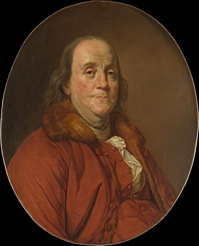 Replica of the portrait of the diplomat Benjamin Franklin exhibited at the Salon of 1779. Workshop of Joseph Siffred Duplessis, French, Carpentras (1725–1802), Versailles. (The Metropolitan Museum of Art, New York, USA. No. 95.21, online collection). 