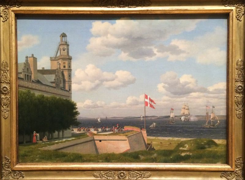 ‘A View towards the Swedish Coast from the Ramparts of Kronborg Castle’. Oil on canvas by C.W. Eckersberg (1783-1853). A backdrop to this military exercise is the two women taking care of laundry to the left in the picture – with their field drying and bleaching linen and, by now, most probably also the increasingly popular white cotton. Notice how the washing was placed in a direct southerly spot to take advantage of as many hours of warm sunshine as possible on a summer day in 1829, close to busy waters in Øresund. (Collection: Statens Museum for Kunst, København, Denmark. No: KMS3241. On display in 2021). Photo: Viveka Hansen, The IK Foundation.